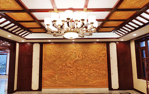 茶山镇中式别墅客厅中式木作横梁吊顶装饰展示